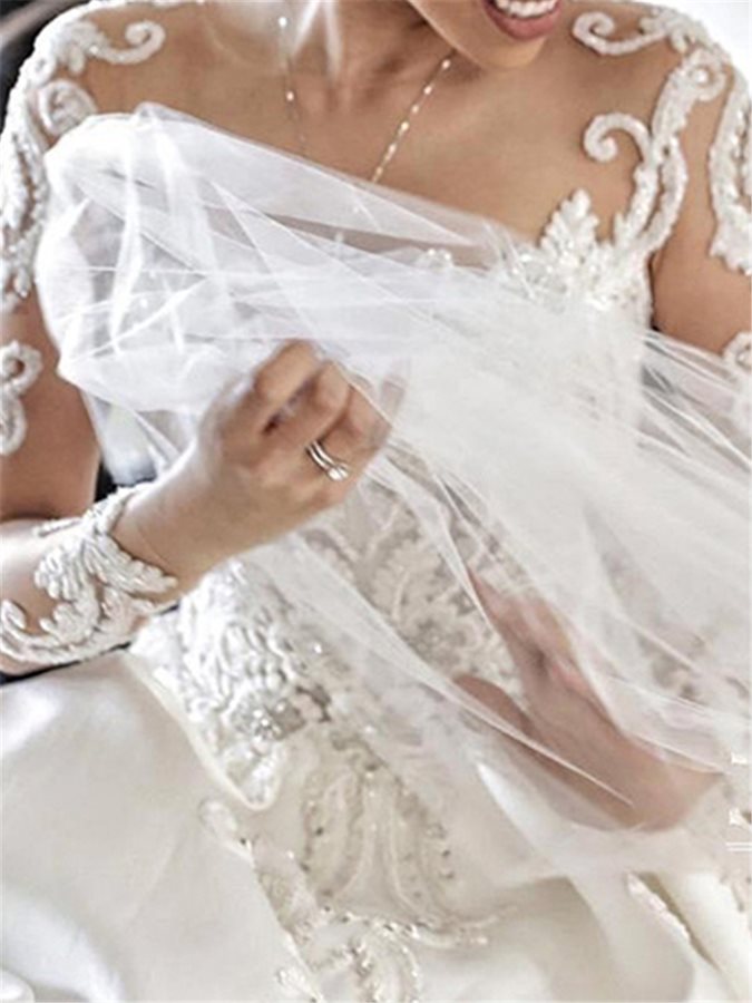 Gorgeous Long Sleeves Lace Applique A Line With Train Long Wedding Dresses, WD1114