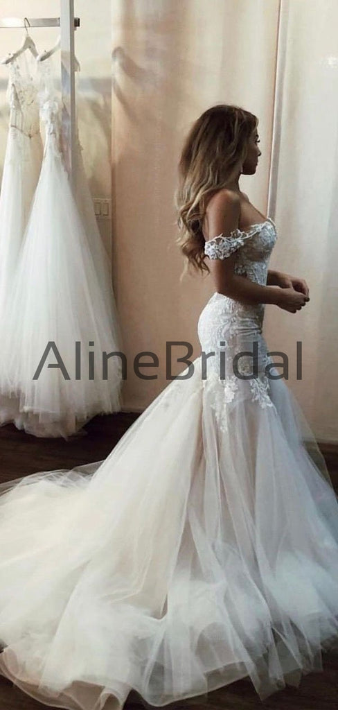 Sexy Off Shoulder V Neck Lace Mermaid With Train Long Wedding Dresses, WD1105