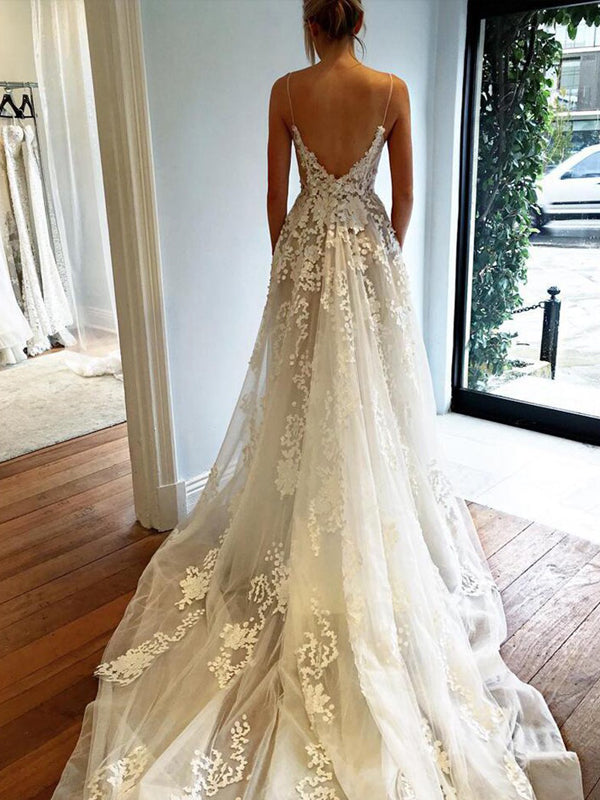 Spaghetti Strap Lace Applique Tulle A Line With Train Long Wedding Dresses, WD1115