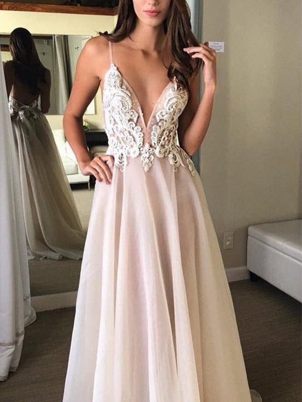 Simple Spaghetti Strap Backless Lace Chiffon Long Beach Wedding Dresses, WD1116