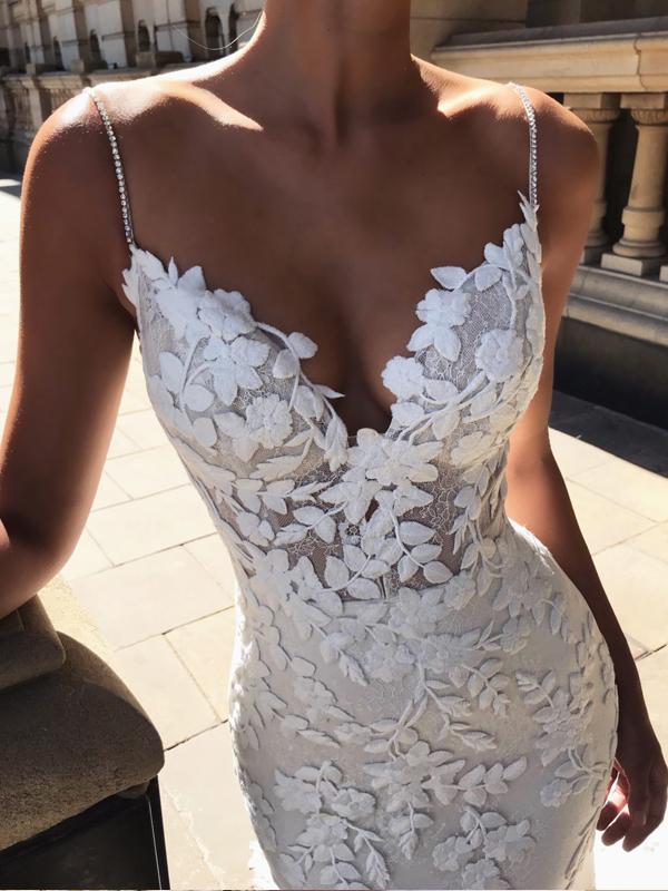 Chic Spaghetti Strap Backless Lace Applique Beaded Mermaid Wedding Dresses, WD1107