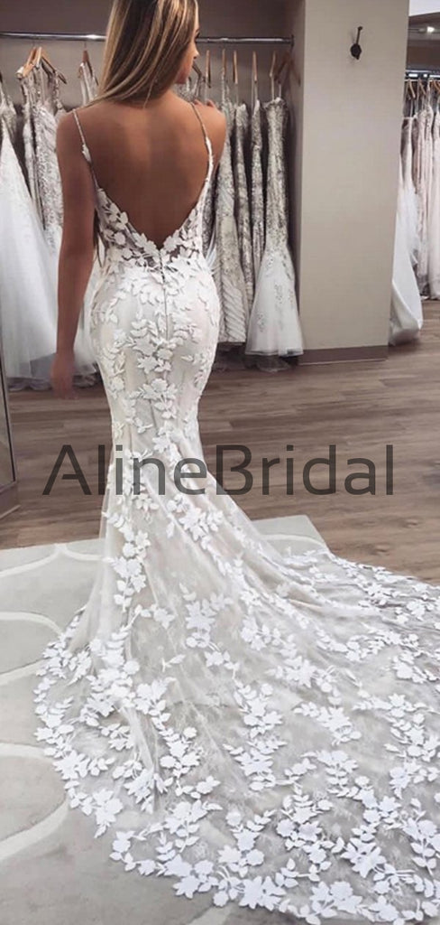 Chic Spaghetti Strap Backless Lace Applique Beaded Mermaid Wedding Dresses, WD1107