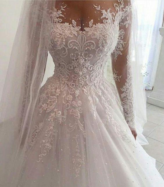 Gorgeous Long Sleeves Ivory Lace Applique Ball Gown Long Wedding Dresses, WD1109